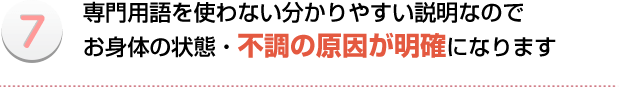 専門用語を使わない分かりやすい説明なのでお身体の状態や不調の原因が明確になります