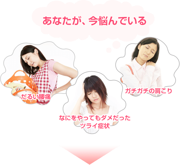 あなたが、今悩んでいる腰痛や肩こりなどのつらい症状